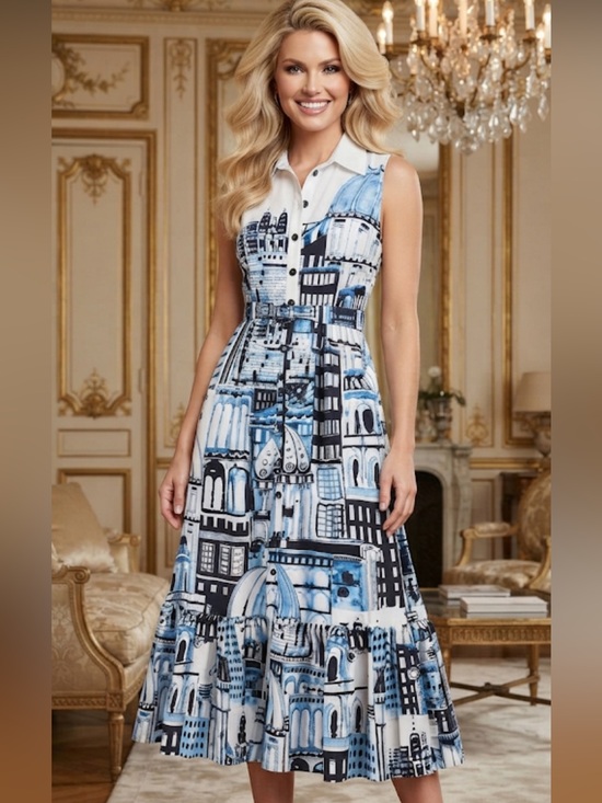 Elie Tahari Dresses & Skirts - NewElie Tahari Sleeveless White Maxi Dress with Blue Black Cityscape Print size8